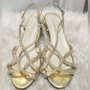 Caparros Strappy Gold Sparkling Lowe Wedge Evening Dress Shoes Size 9.5B